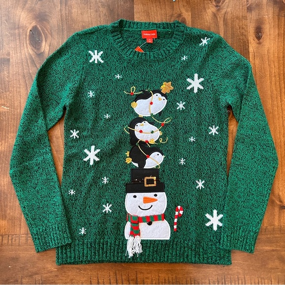 Holiday Lane Sweaters - NWT Snowman and Penguin Green Holiday Knit Sweater